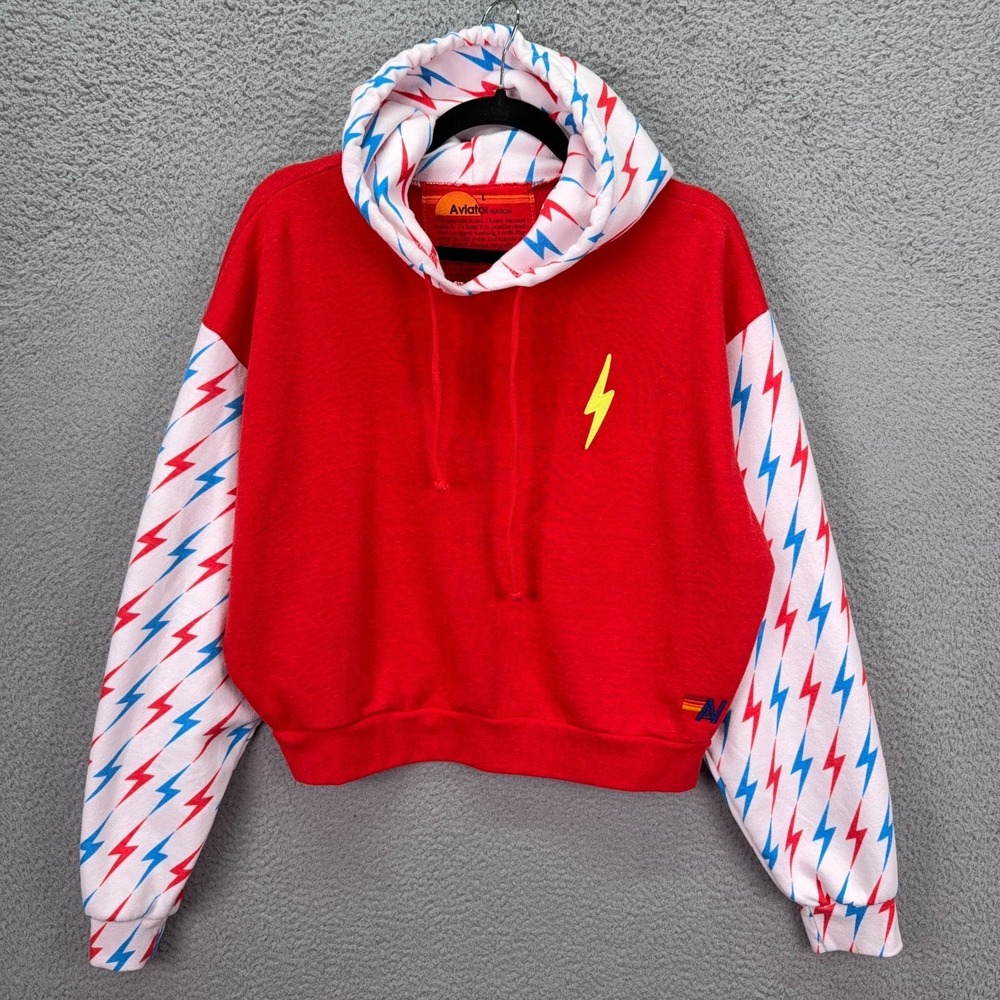 Aviator Nation Hoodie Womens L Red White Blue Bolt Color Block Cropped Pullover